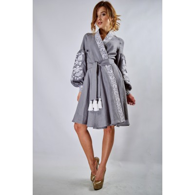 Embroidered Wrap Around Dress "Firebird" Gray